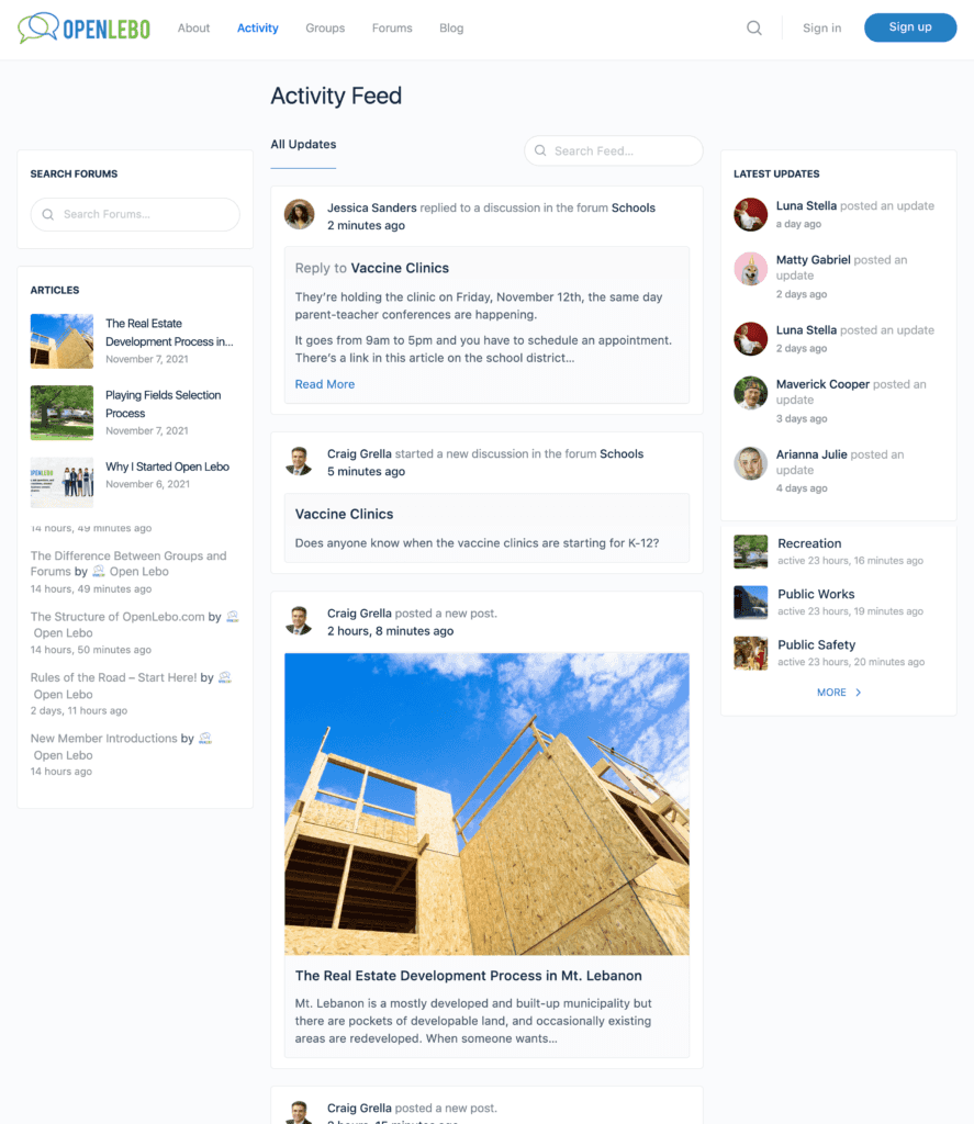 The Structure of OpenLebo.com 2 Open Lebo Screenshot - Activity Feed Filled
